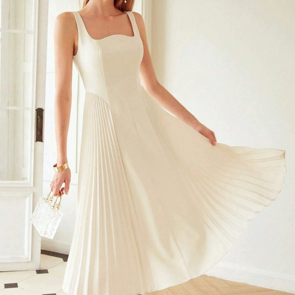 Elegant Corset upper Pleated Midi Dress Beige - Picture 1 of 7